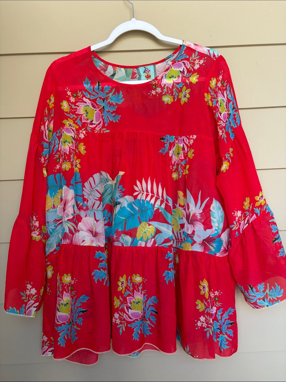 Johnny Was - tropical flower print and ruffled sleeves.